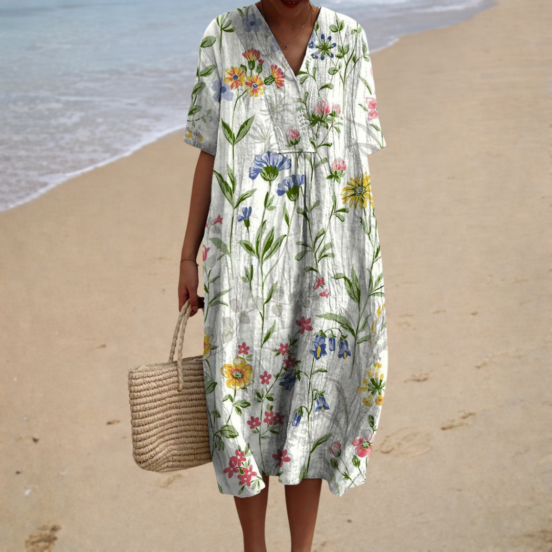 Abigail – Botanical V-Neck Midi Dress