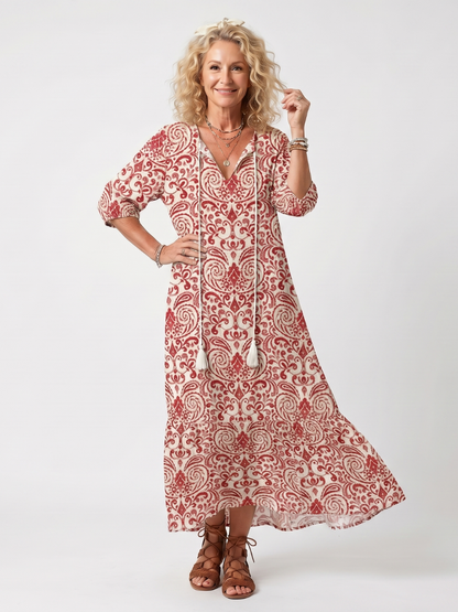 Noelle | Ornate Print Tassel Tie Midi Dress