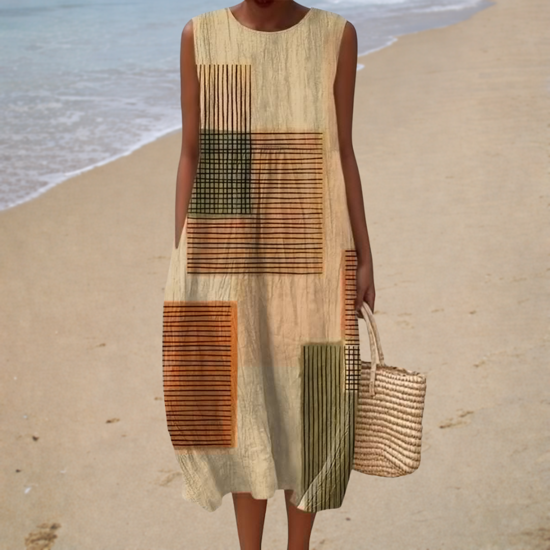 Nora – Earthy Patchwork Midi Dress