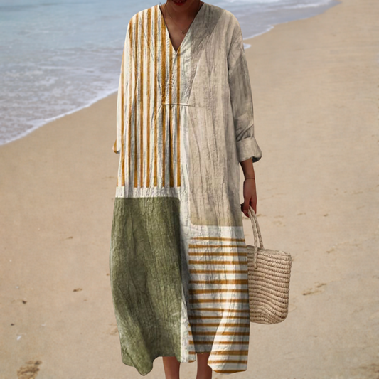 Tessa – Earthy Patchwork Midi Dress